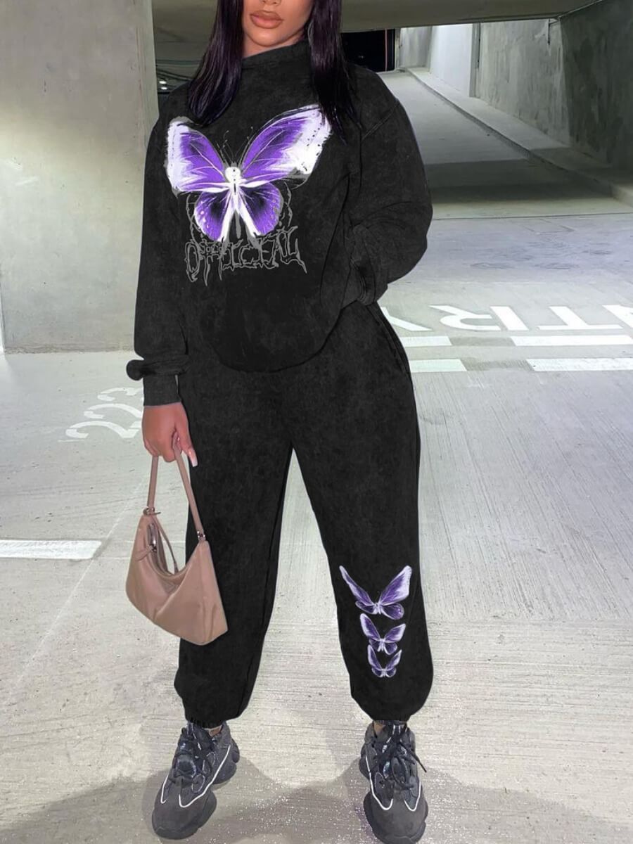 

Lovely Casual O Neck Butterfly Print Black Two Piece Pants Set