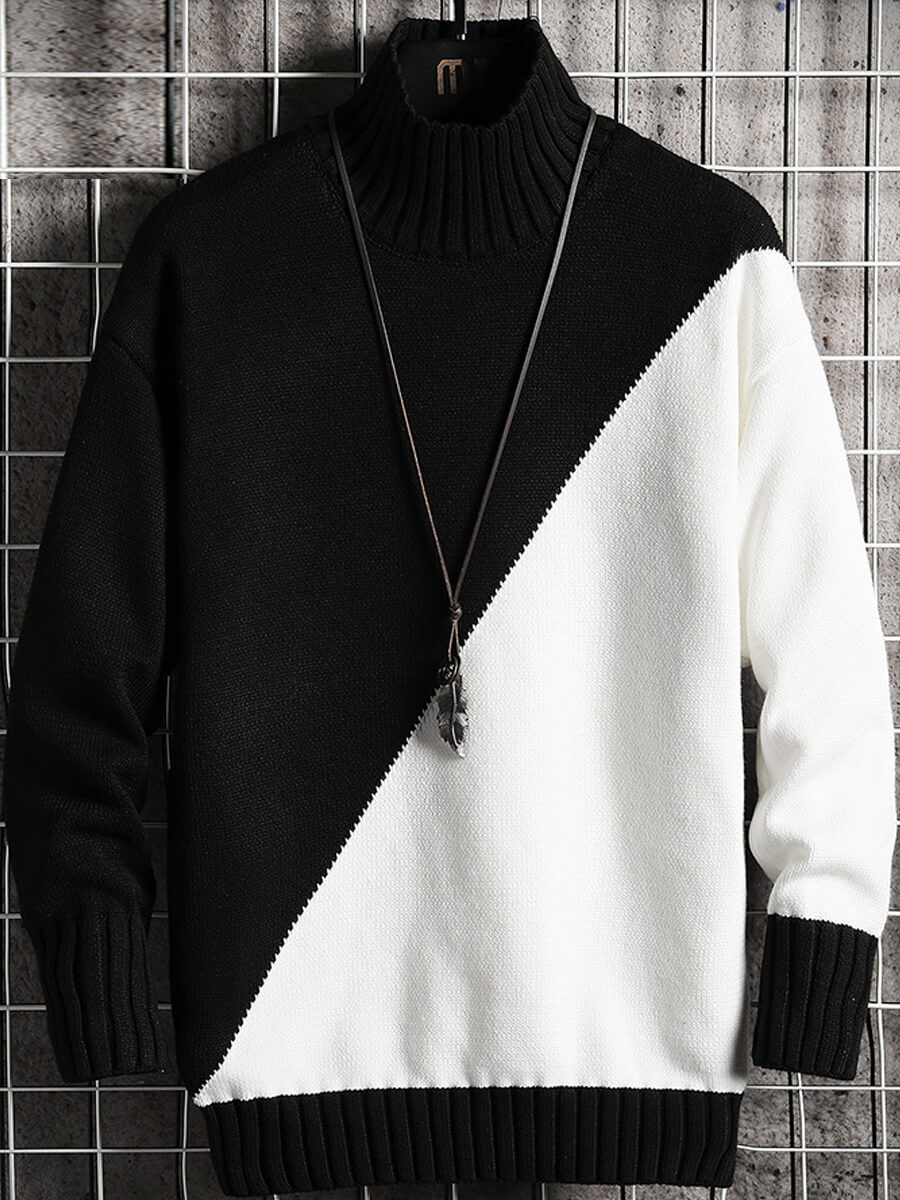 

Lovely Casual Turtleneck Color-lump Patchwork Black Men Sweater