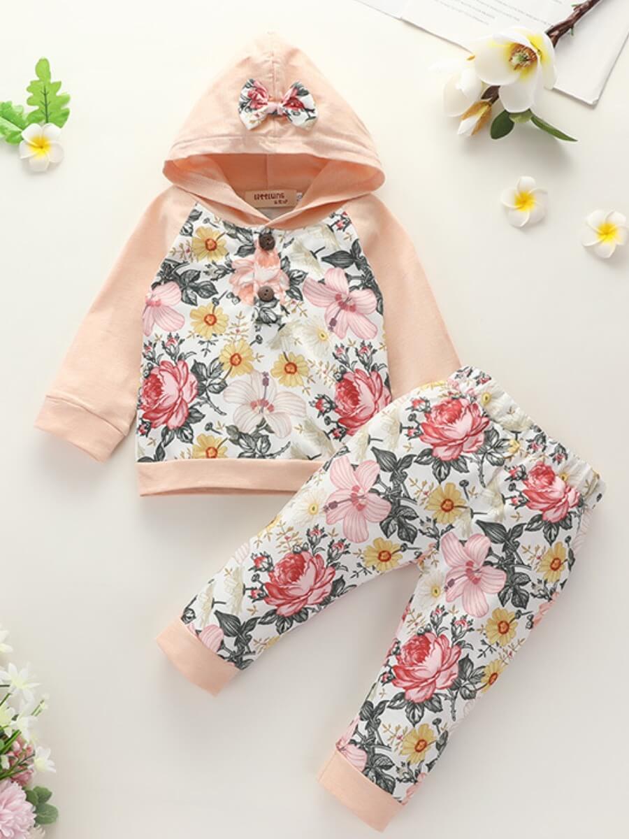 

Lovely Casual Hooded Colla Floral Print Light Pink Girl Two Piece Pants Set