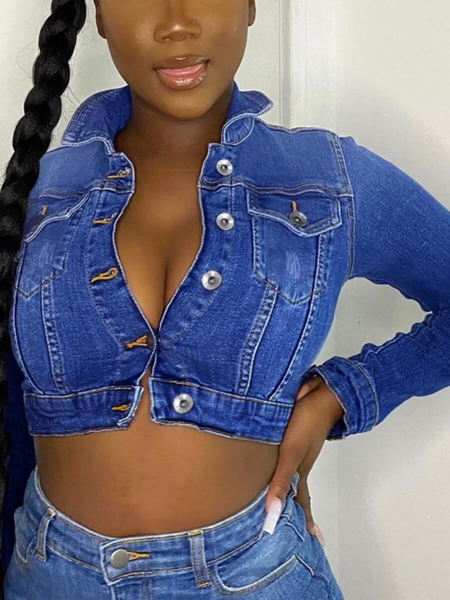 

Lovely Casual Turndown Collar Button Design Blue Denim Coat