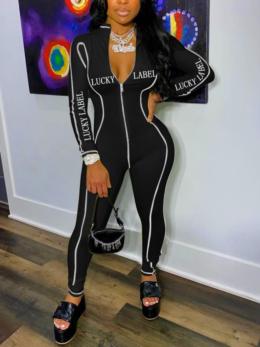 

LW Sportswear Mandarin Collar Letter Print Zipper Design Black One-piece Jumpsuit