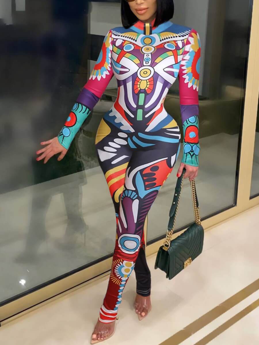 

Lovely Party Half A Turtleneck Print Multicolor One-piece Jumpsuit, Multi