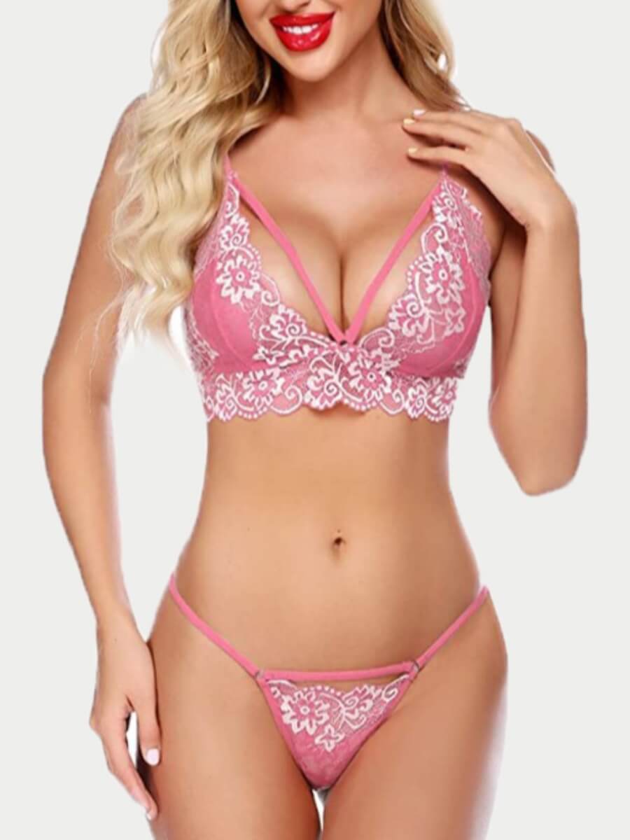 

Lovely Sexy Floral Decoration Hollow-out Pink Bra Sets