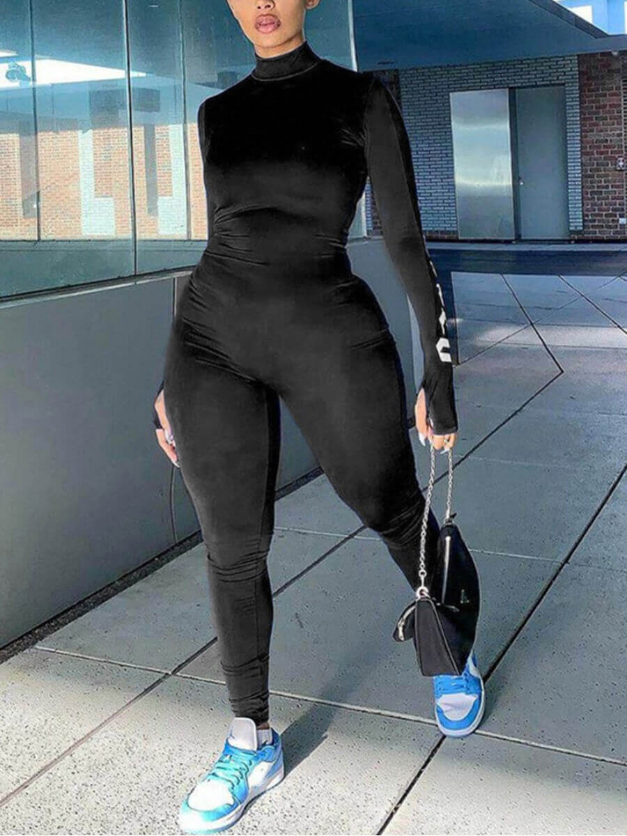 

Lovely Casual Turtleneck Letter Print Black Plus Size One-piece Jumpsuit