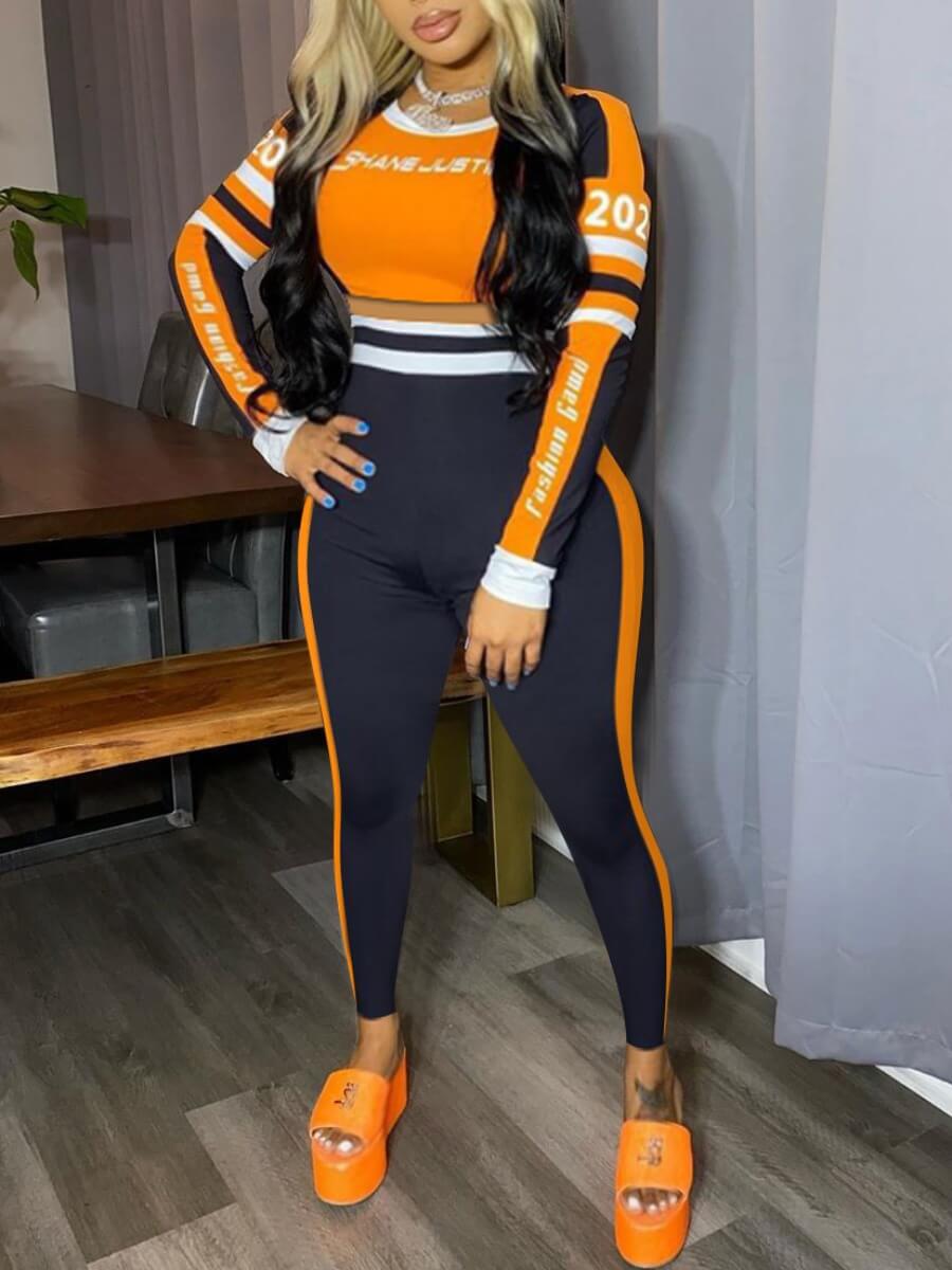 

Lovely Sportswear Letter Print Striped Patchwork Croci Two Piece Pants Set