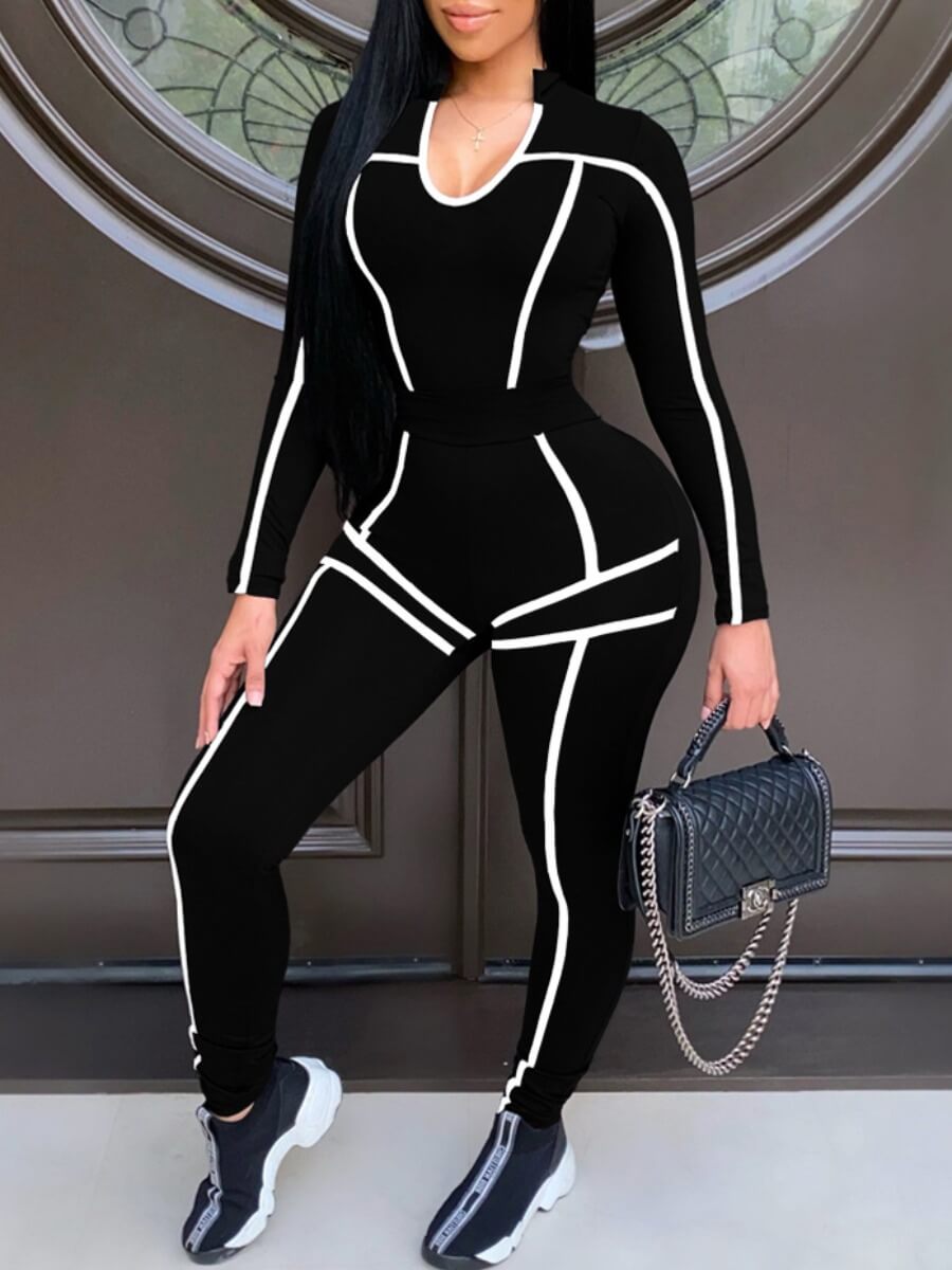 

Lovely Sportswear U Neck Striped Patchwork Black Two Piece Pants Set