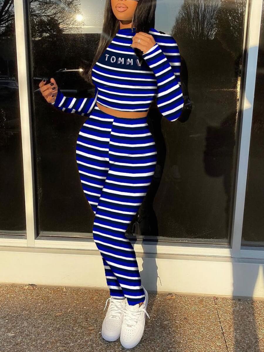 

Lovely Sweet Letter Print Striped Blue Two Piece Pants Set