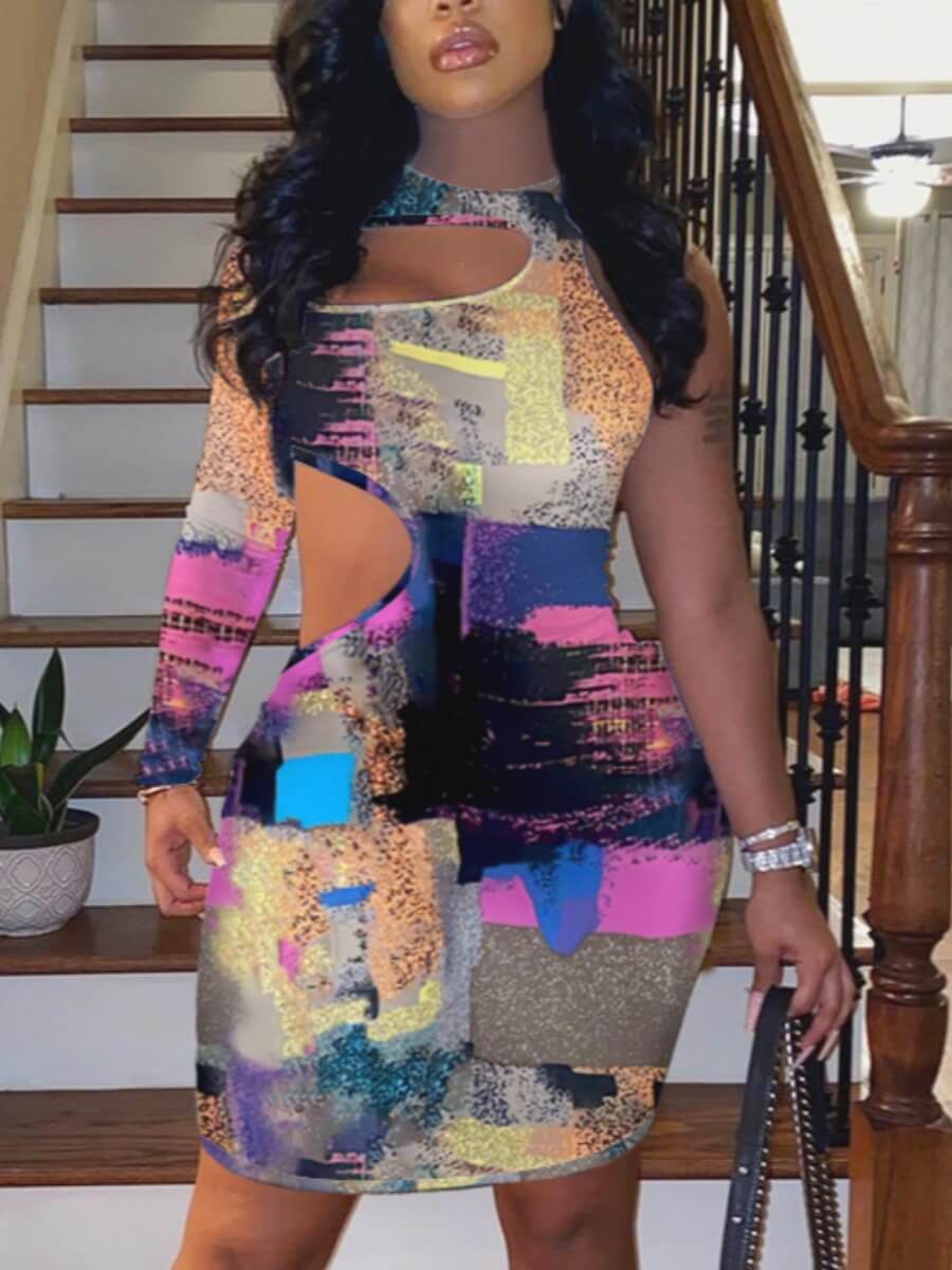 

Lovely Sexy Hollow-out Print Patchwork Multicolor Knee Length Dress, Multi
