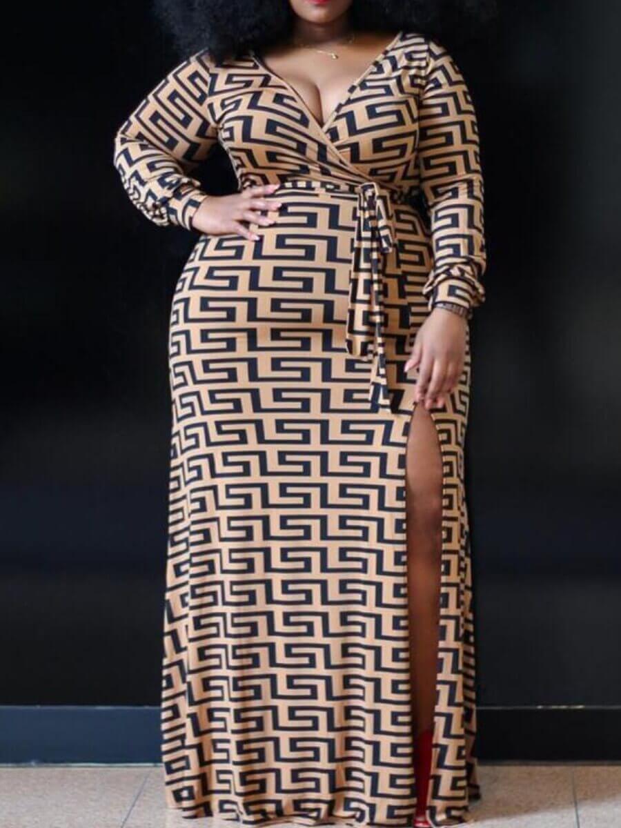 

Lovely Party Geometric Print Side Slit Bandage Design Khaki Floor Length Plus Size Dress