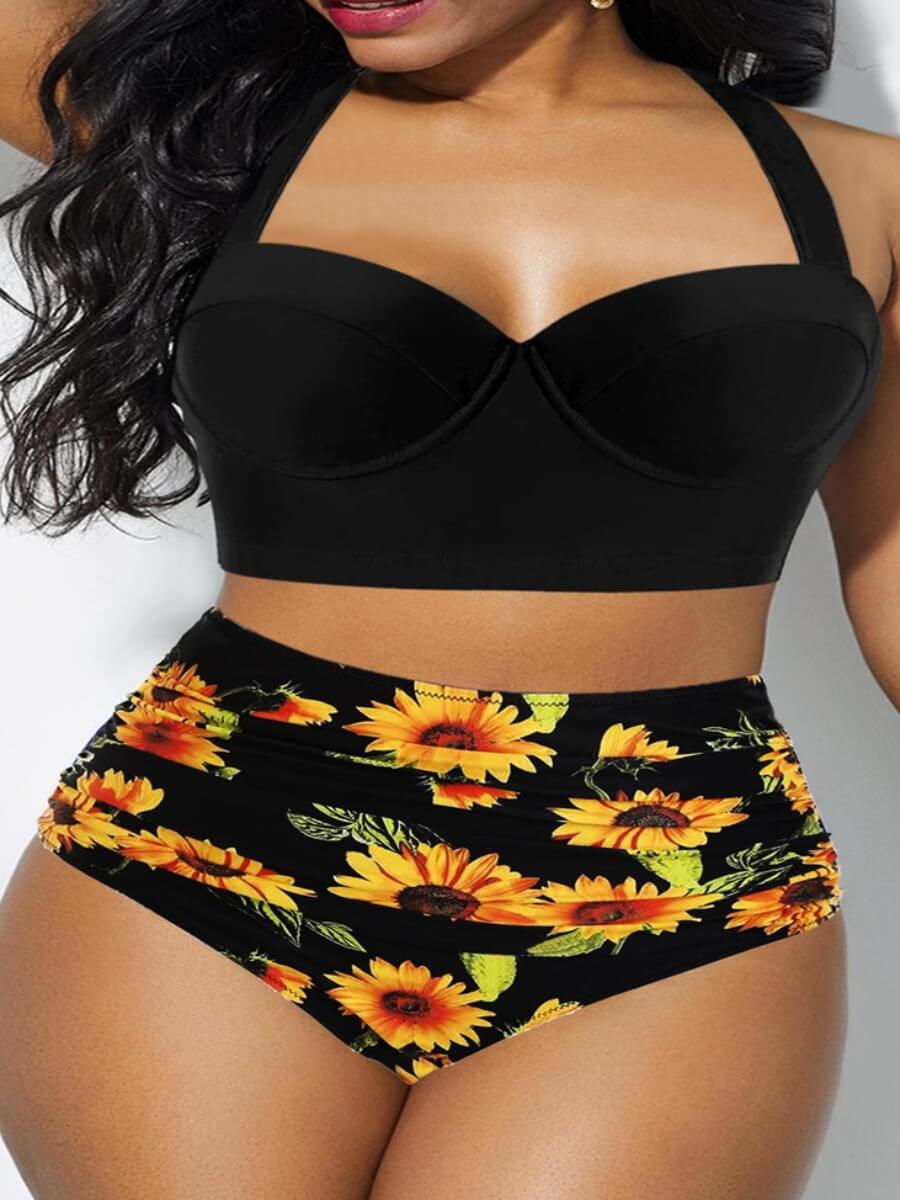 

Lovely Sweet U Neck Sunflower Print Black Tankini