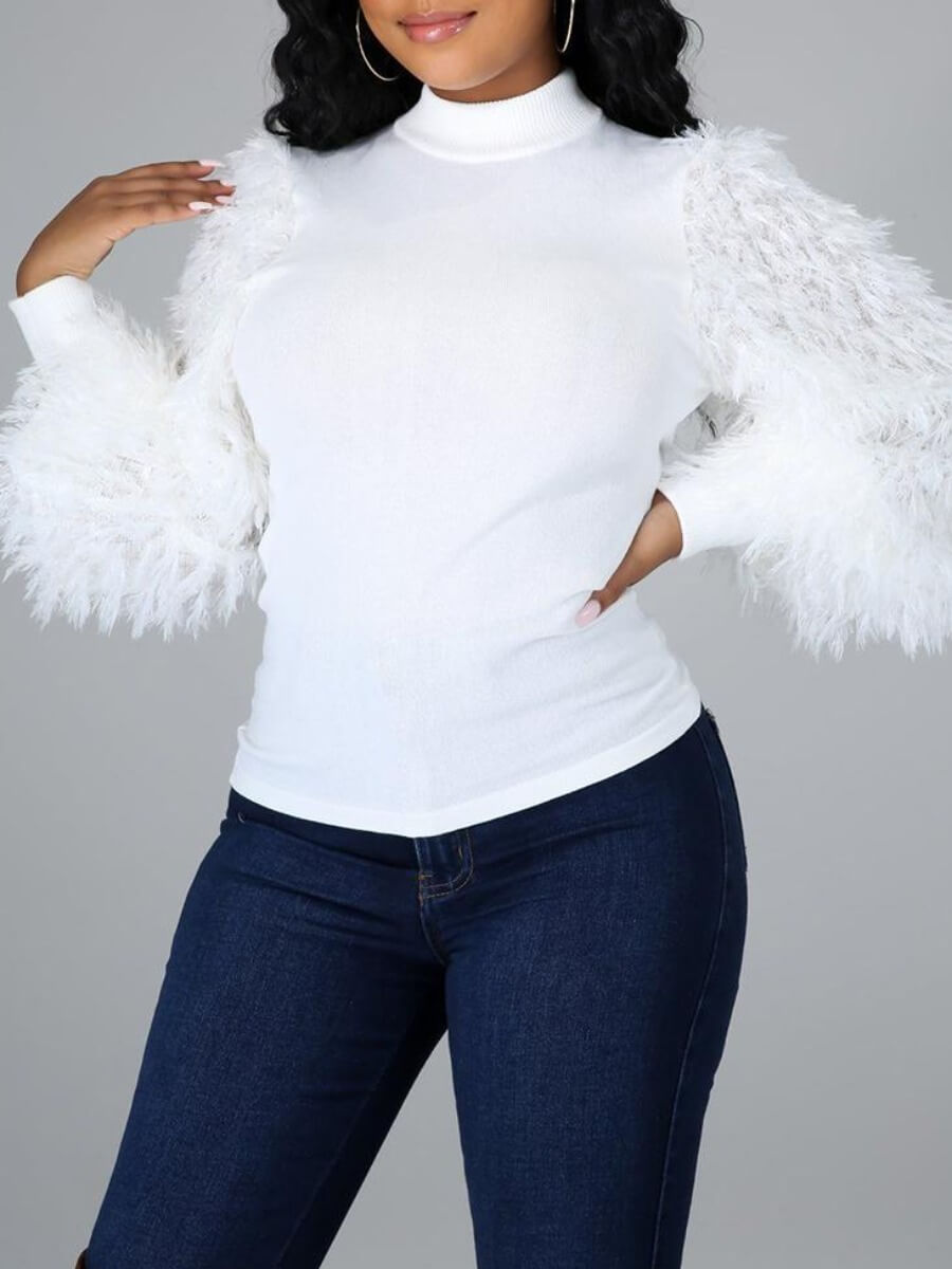 

Lovely Sweet Half A Turtleneck Lace Patchwork White T-shirt