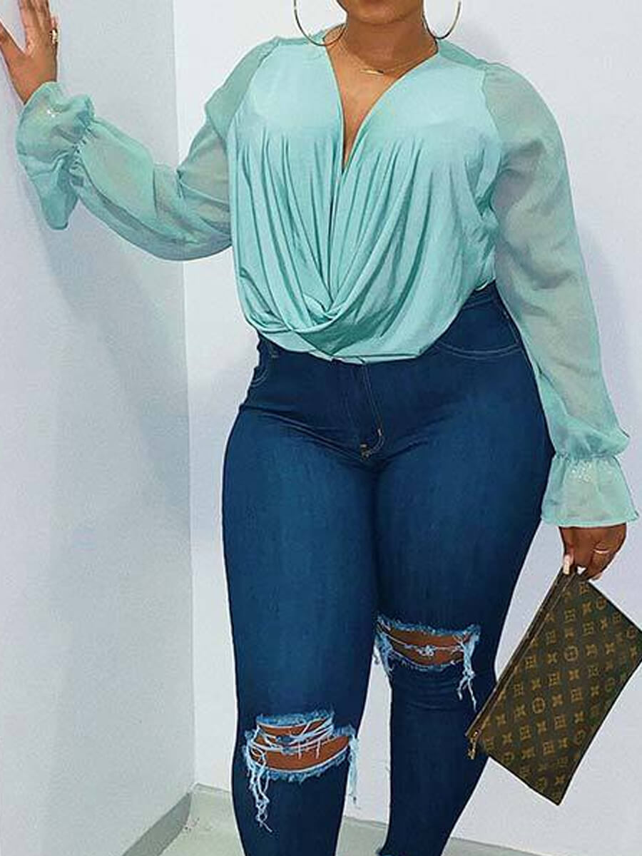 

LW Plus Size Casual Fold Design Mesh Patchwork Light Green Blouse