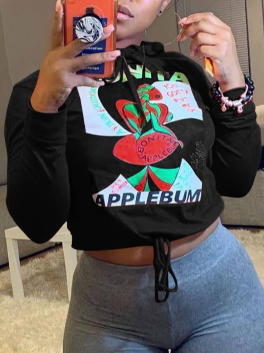 

Lovely Casual Letter Print Patchwork Drawstring Black Hoodie