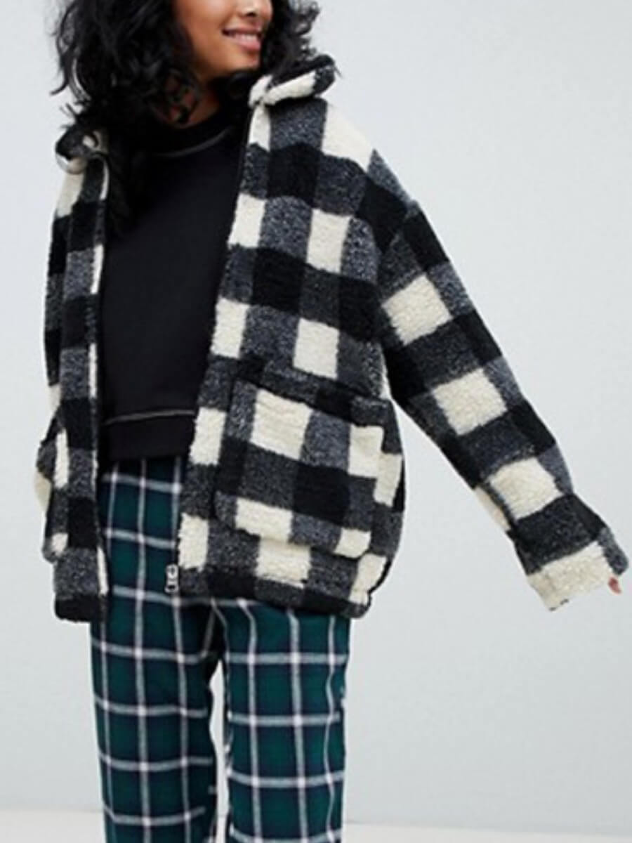 

Lovely Casual Plaid Print Pocket Design Black Coat