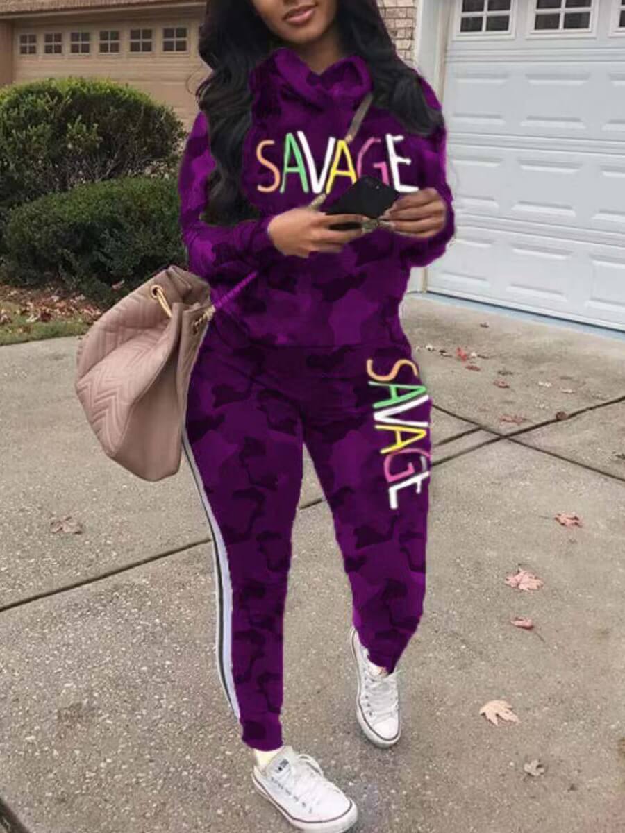 

Lovely Sportswear Letter Print Striped Purple Two Piece Pants Set