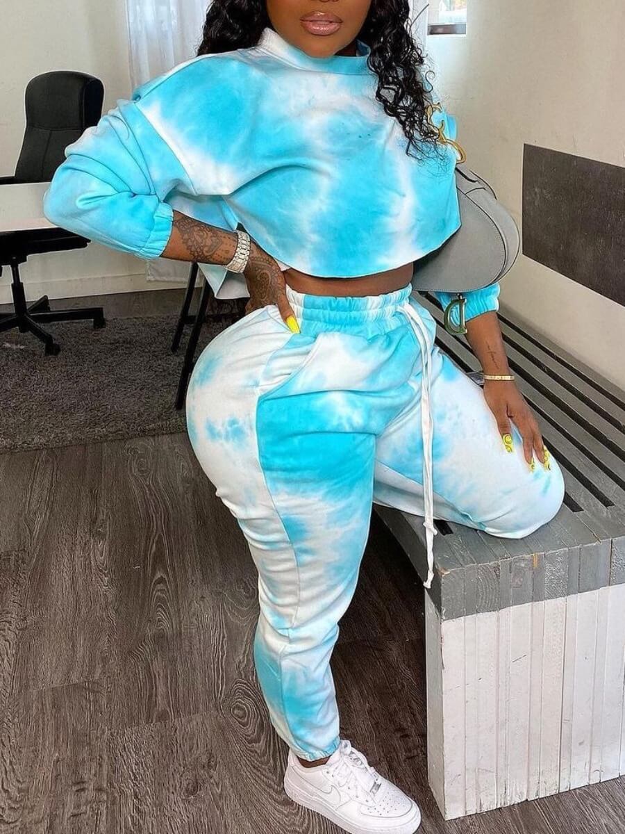 

Lovely Trendy Tie Dye Drawstring Blue Two Piece Pants Set