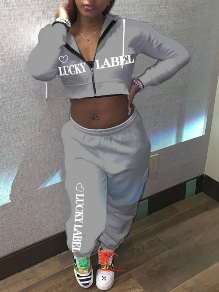 

Lovely Sportswear Letter Print Crop Top Grey Two Piece Pants Set