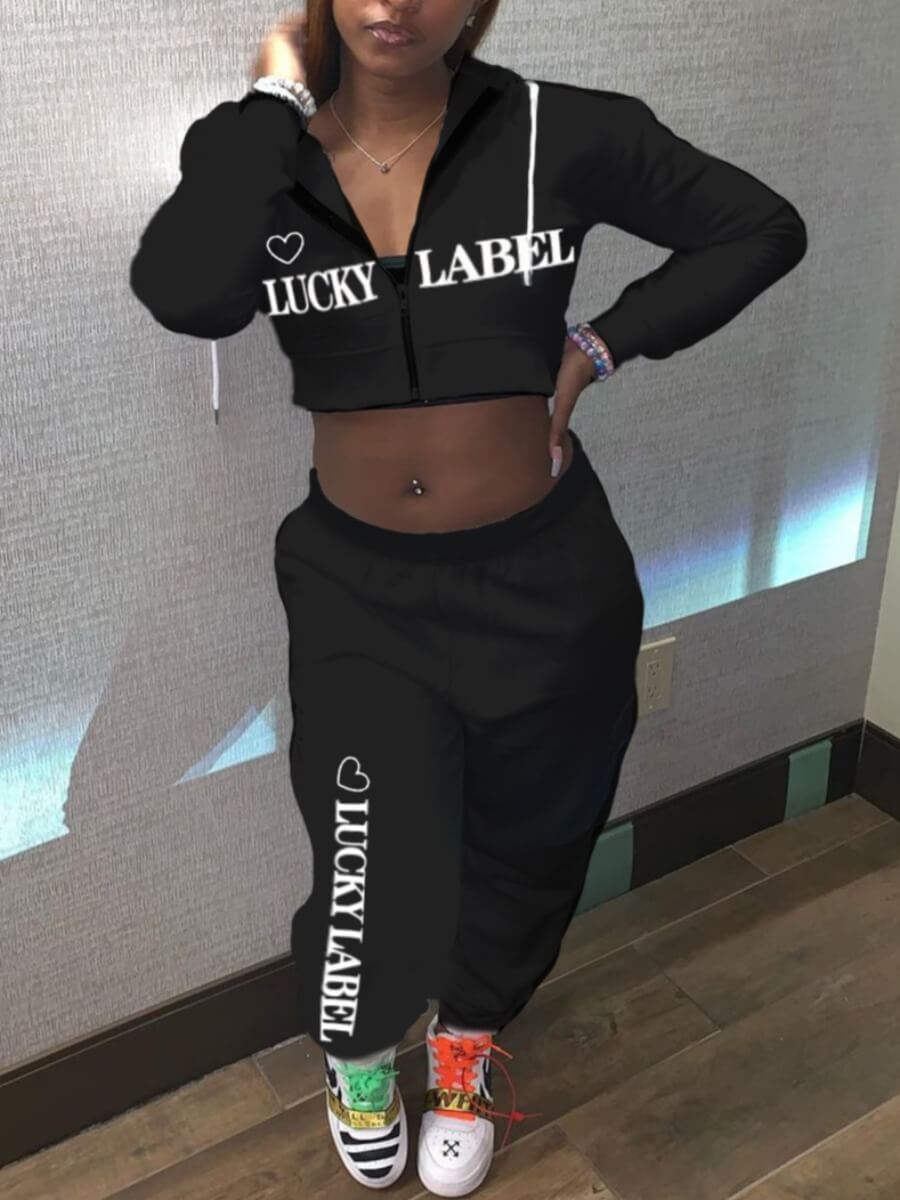 

Lovely Sportswear Letter Print Crop Top Black Two Piece Pants Set