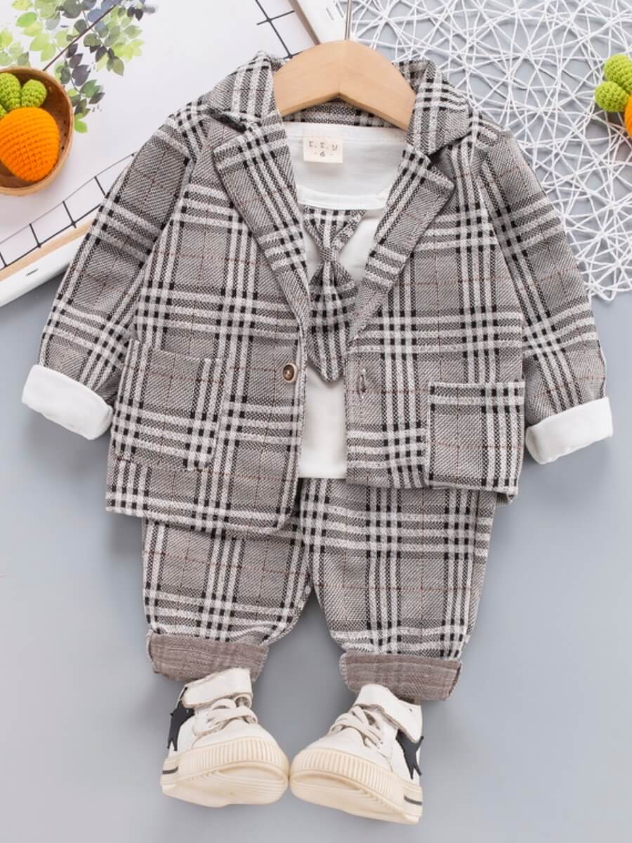 

Lovely Formal Plaid Print Pocket Design Grey Boy Two Piece Pants Set