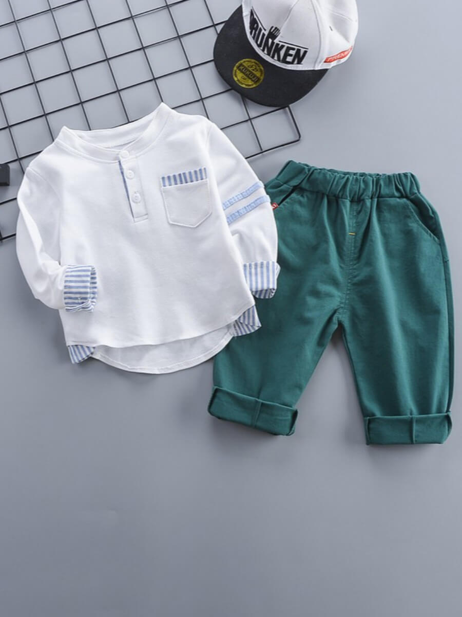 

Lovely Street Striped Button Design White Boy Two Piece Pants Set