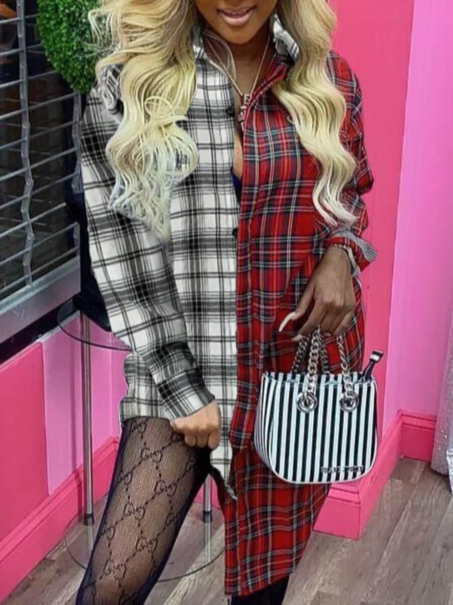 

Lovely Street Plaid Print Patchwork Red Blouse