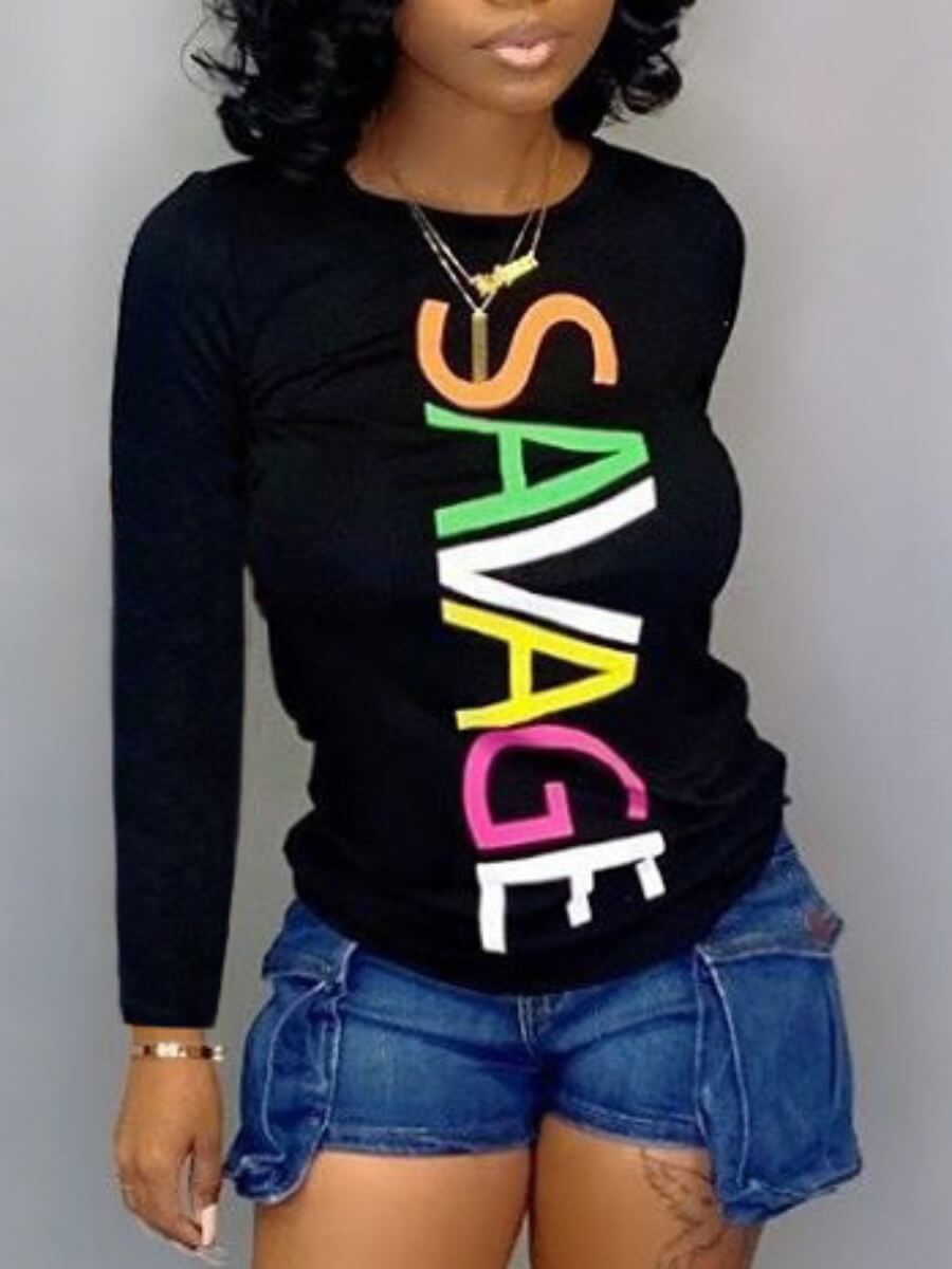 

Lovely Casual O Neck Letter Print Patchwork Black T-shirt