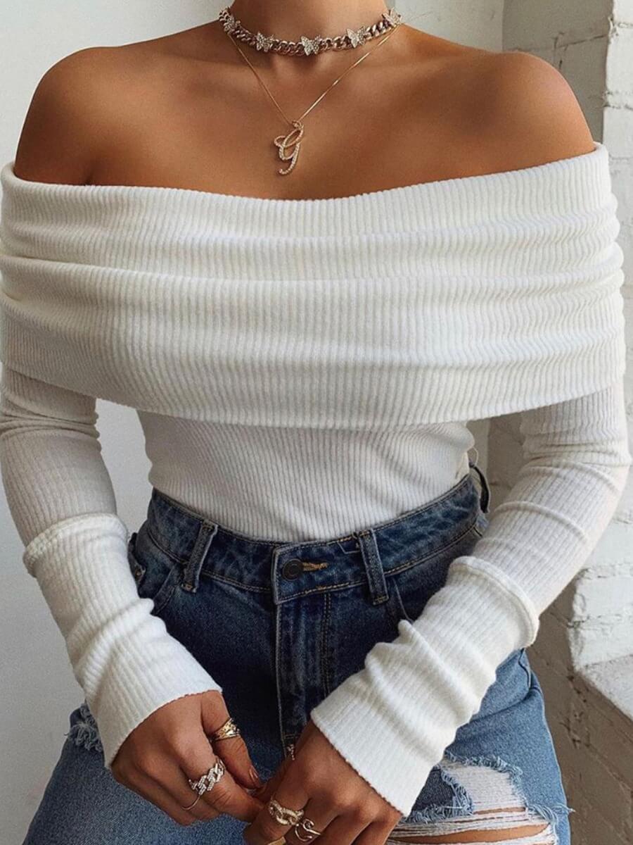 Lovely Chic Off The Shoulder Flap Over White T-shirt