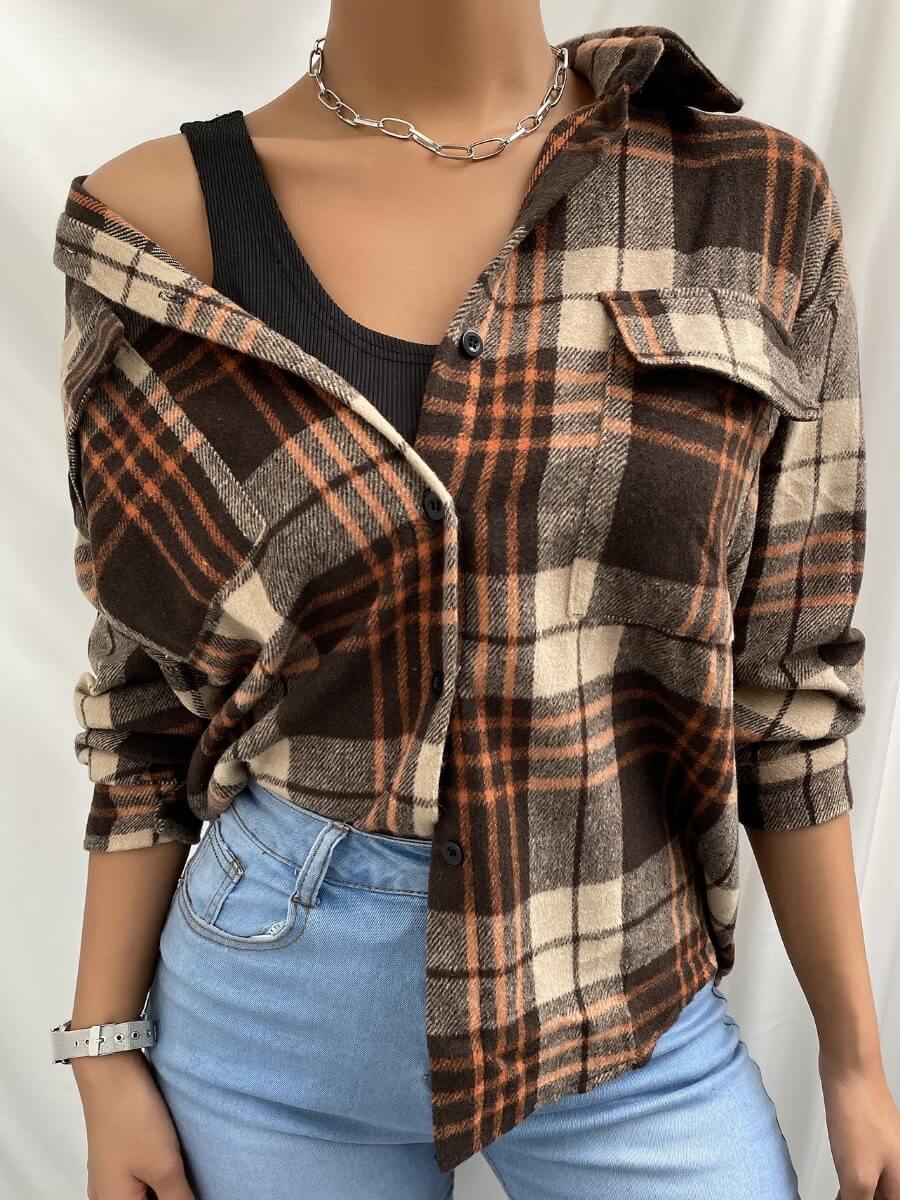 

Lovely Casual Plaid Print Pocket Design Brown Blouse