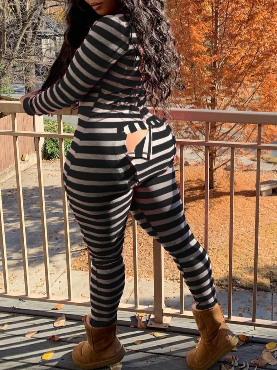 

Lovely Casual Striped Button Design Black Sleepwear