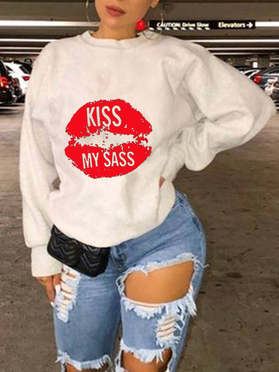 

Lovely Trendy Lip Letter Print Loose White Hoodie