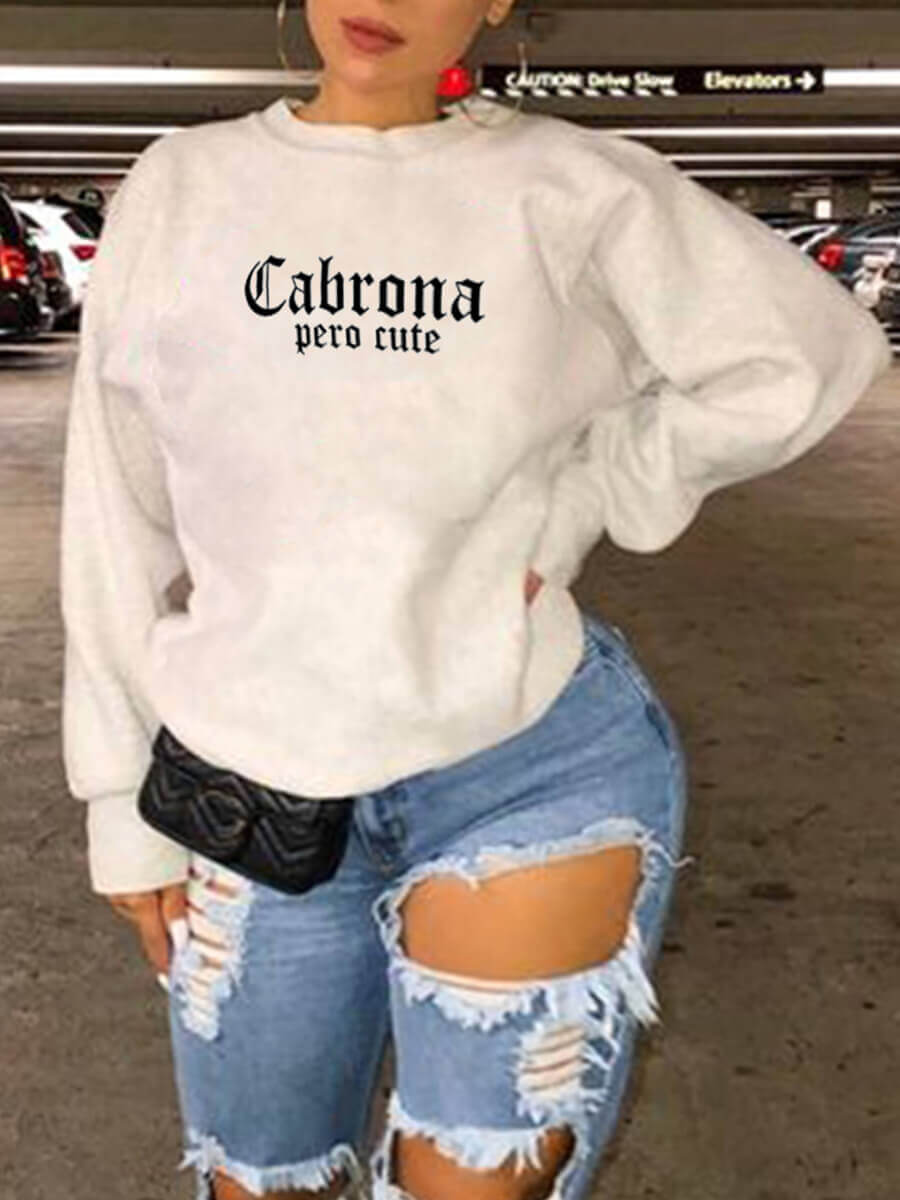 

Lovely Casual O Neck Letter Print Loose White Plus Size Hoodie