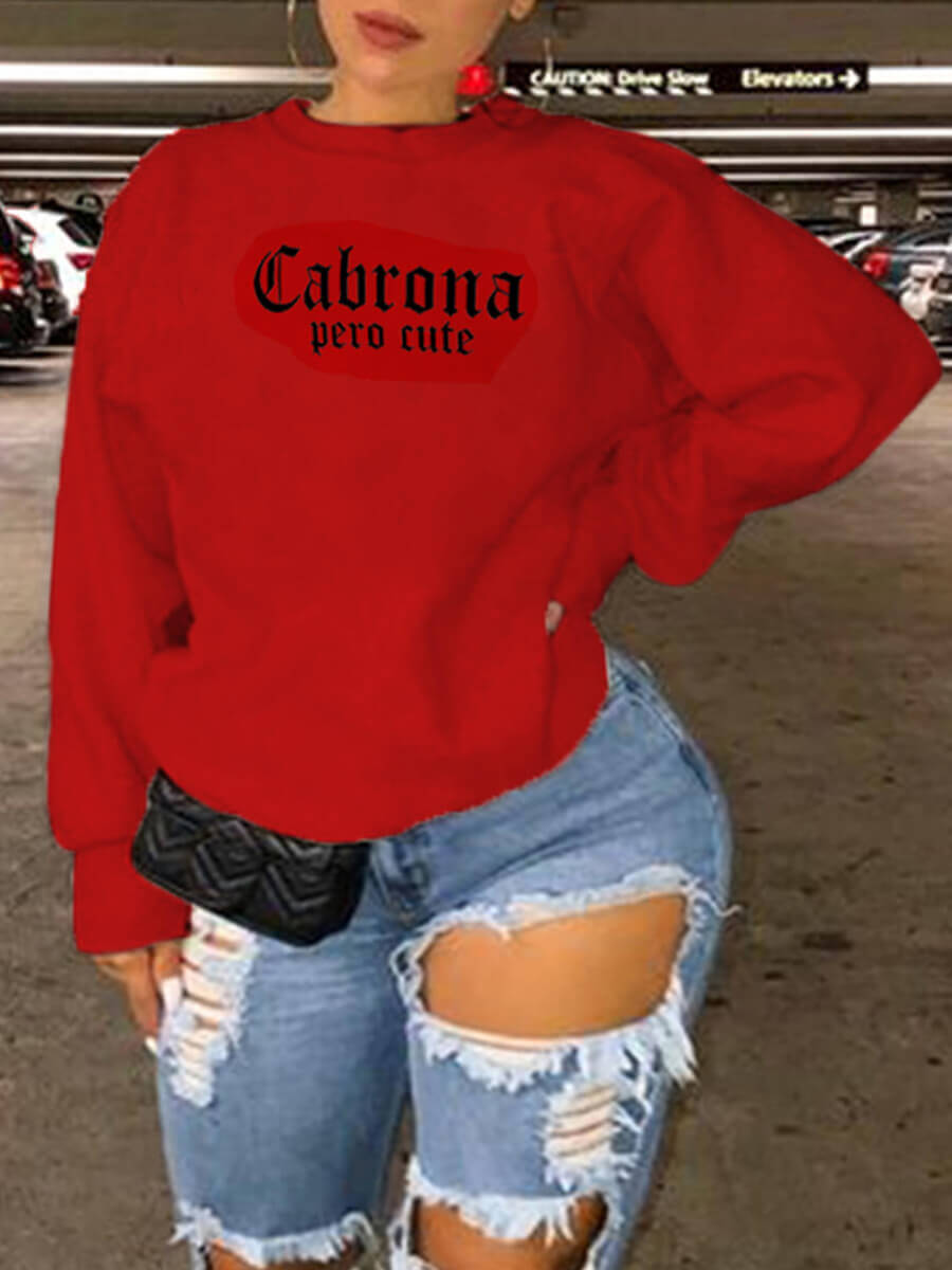 

Lovely Casual O Neck Letter Print Loose Red Hoodie