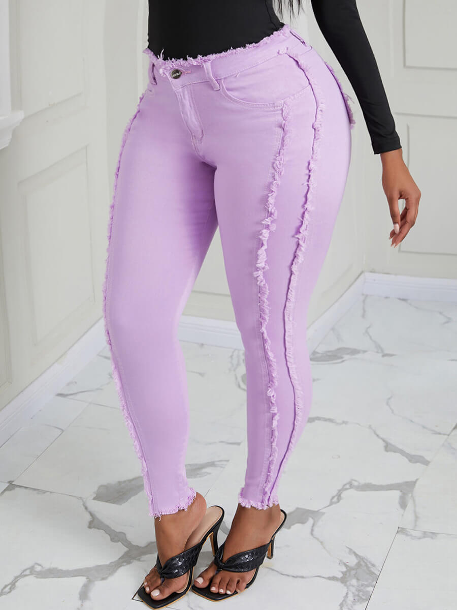 

Lovely Casual Raw Edge Tassel Design Light Purple Plus Size Pants