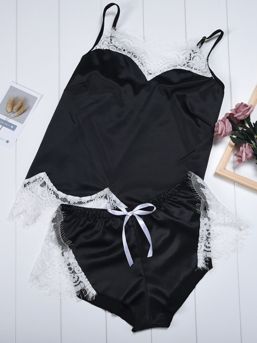 

Lovely Home Style Lace Patchwork Black Sleepwear