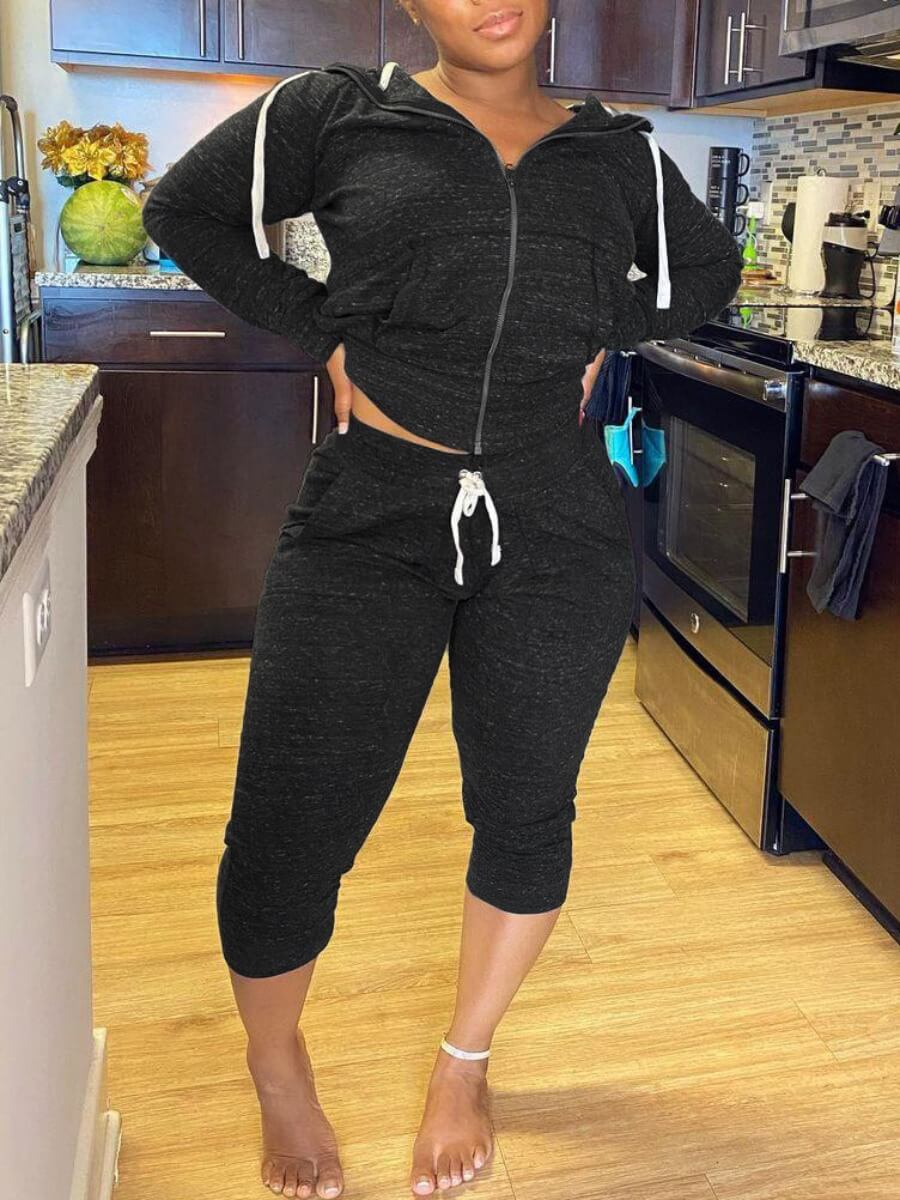 

Lovely Casual Hooded Collar Drawstring Black Two Piece Pants Set