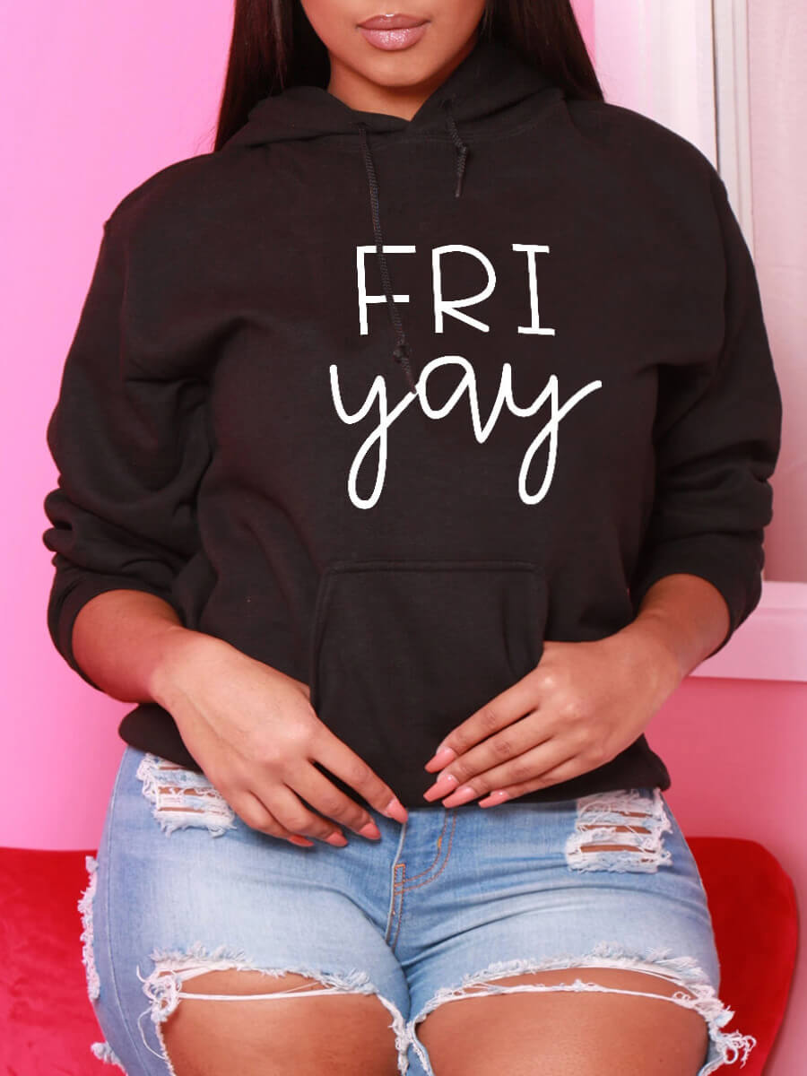 

Lovely Casual Letter Print Kangaroo Pocket Black Plus Size Hoodie