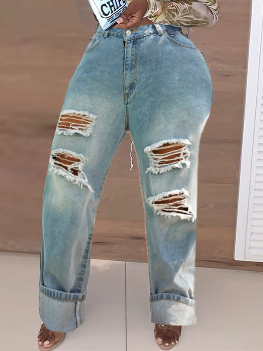 

Lovely Street Tie-dye Ripped Blue Jeans