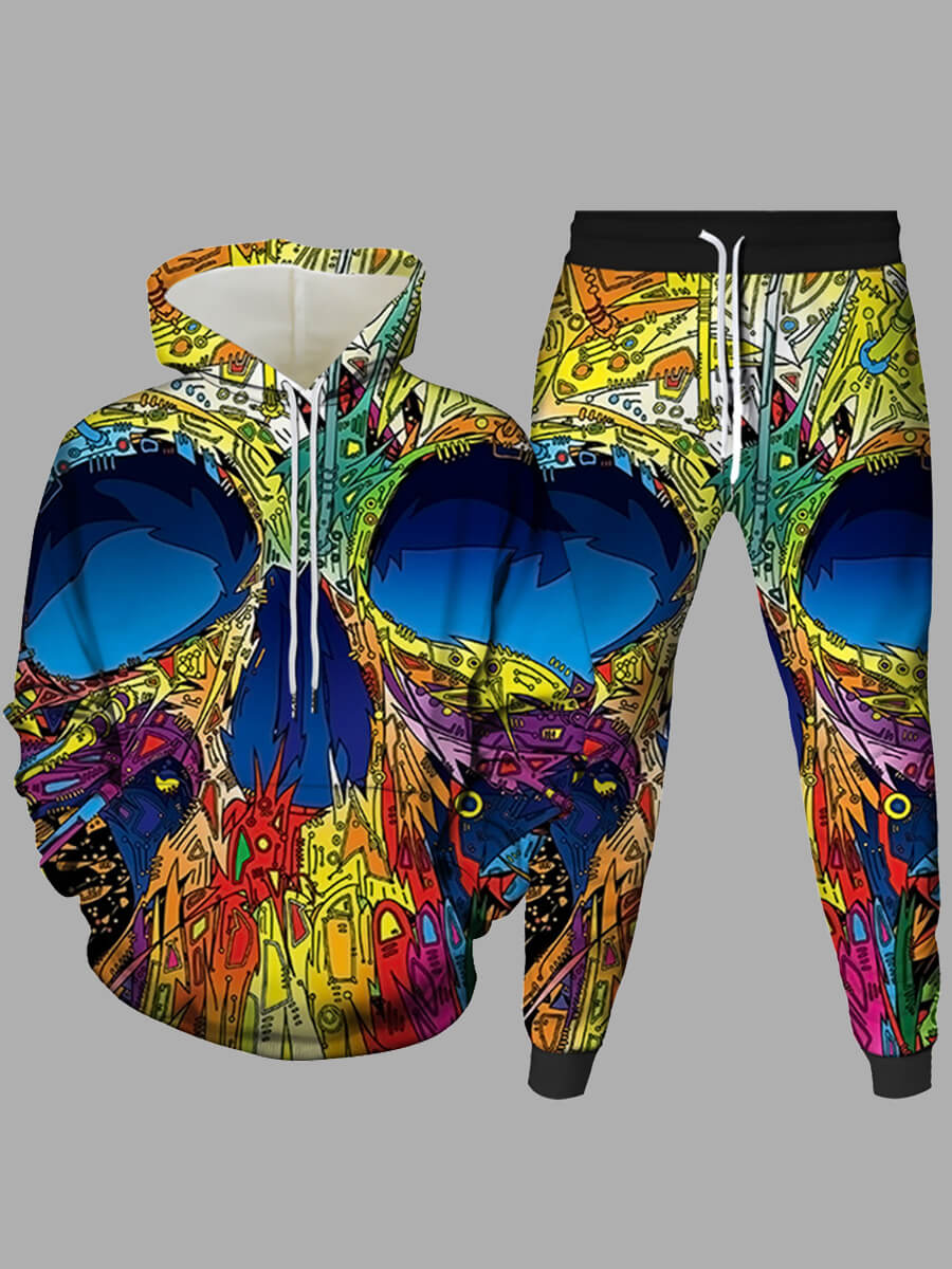 

Lovely Street Skull Graffiti Print Blue Men Two Piece Pants Set