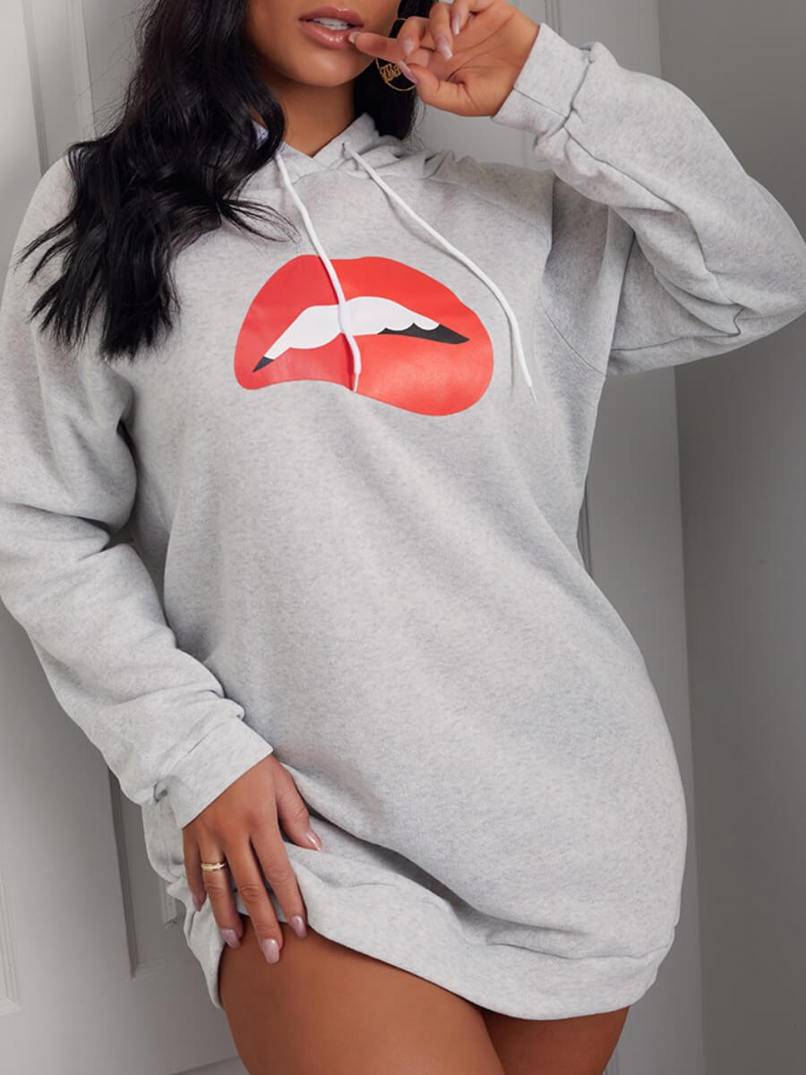 

Lovely Casual Hooded Collar Lip Print Grey Mini Dress