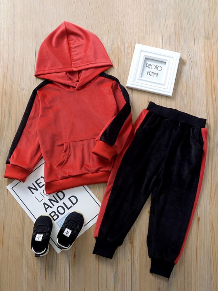 

Lovely Sportswear Striped Kangaroo Pocket Red Boy Two Piece Pants Set