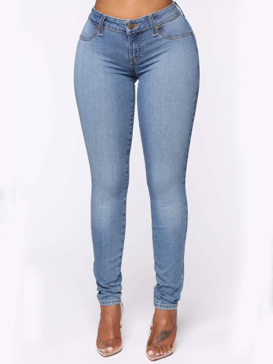 

Lovely Casual Mid Waist Elastic Blue Jeans, Baby blue