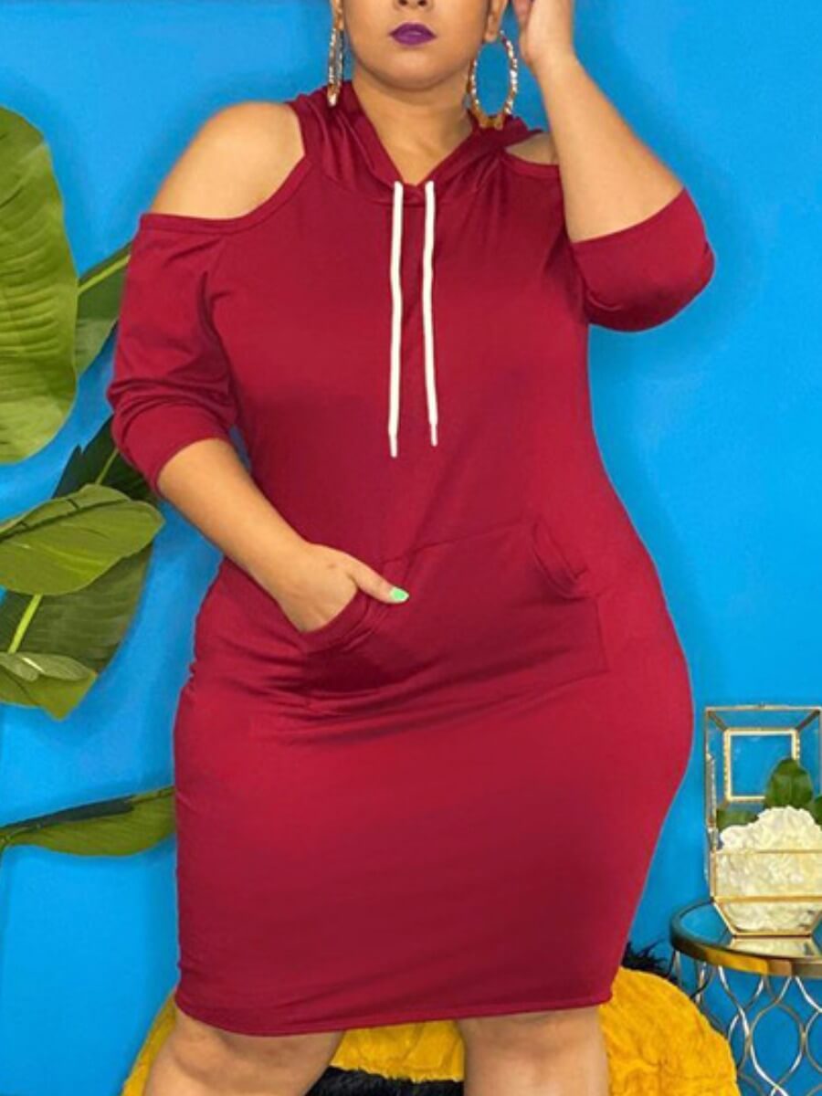 

Lovely Casual Hooded Collar Hollow-out Wine Red Knee Length Plus Size Dress