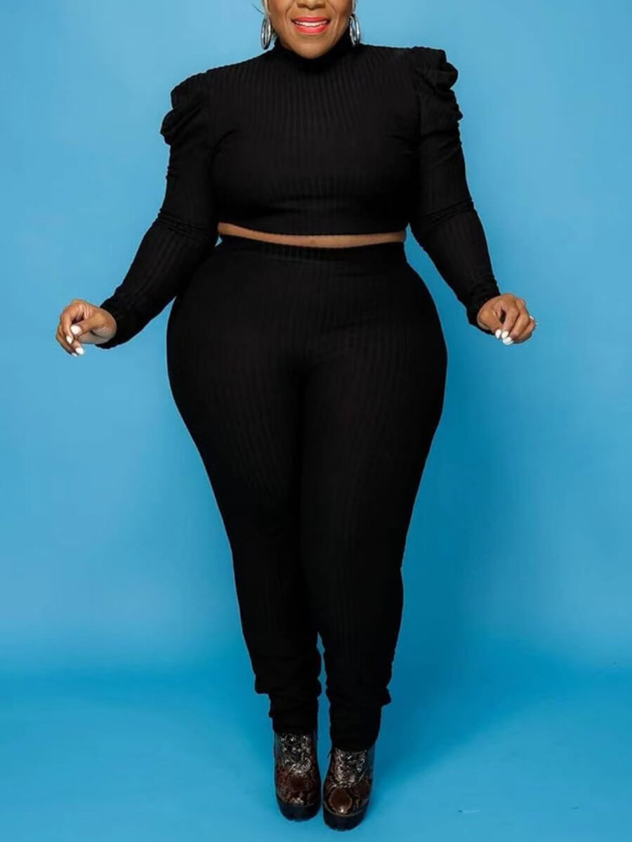 

Lovely Trendy Turtleneck Ruffle Design Black Plus Size Two-piece Pants Set