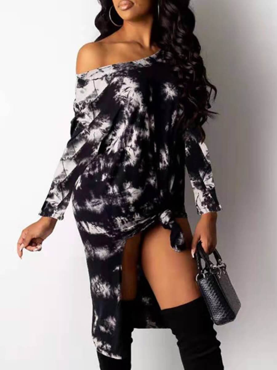 

Lovely Casual Boat Neck Tie-dye Asymmetrical Black Knee Length Dress