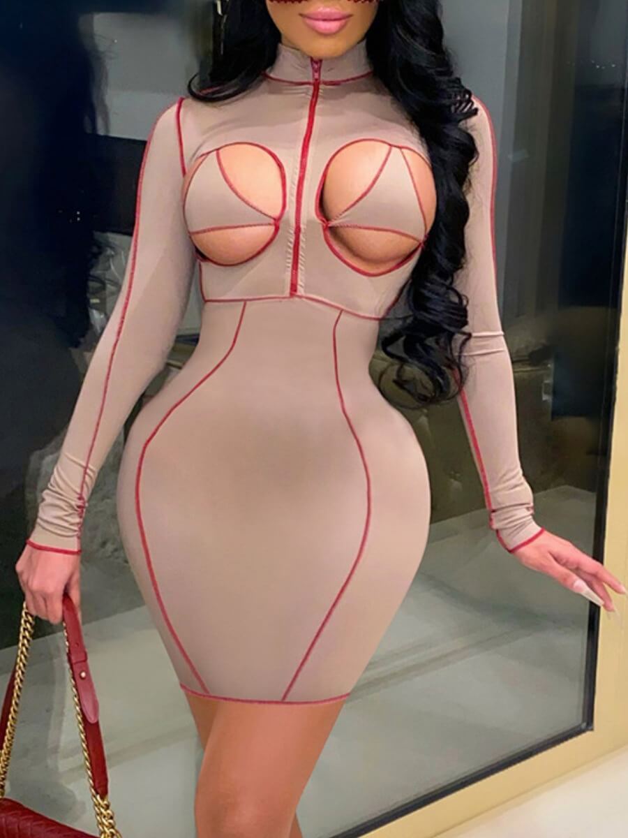 

Lovely Sexy Turtleneck Hollow-out Dusty Pink Mini Dress