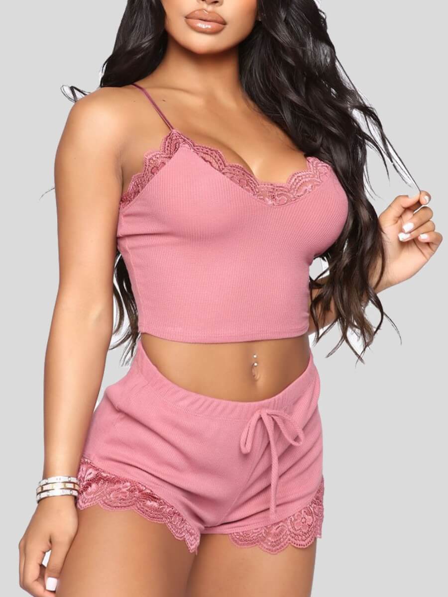 

Lovely Home Style Mesh Patchwork Drawstring Pink Sleepwear