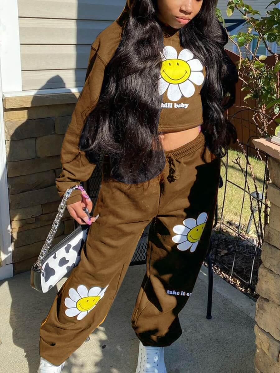 

Lovely Chic Hooded Collar Print Coffee Two Piece Pants Set