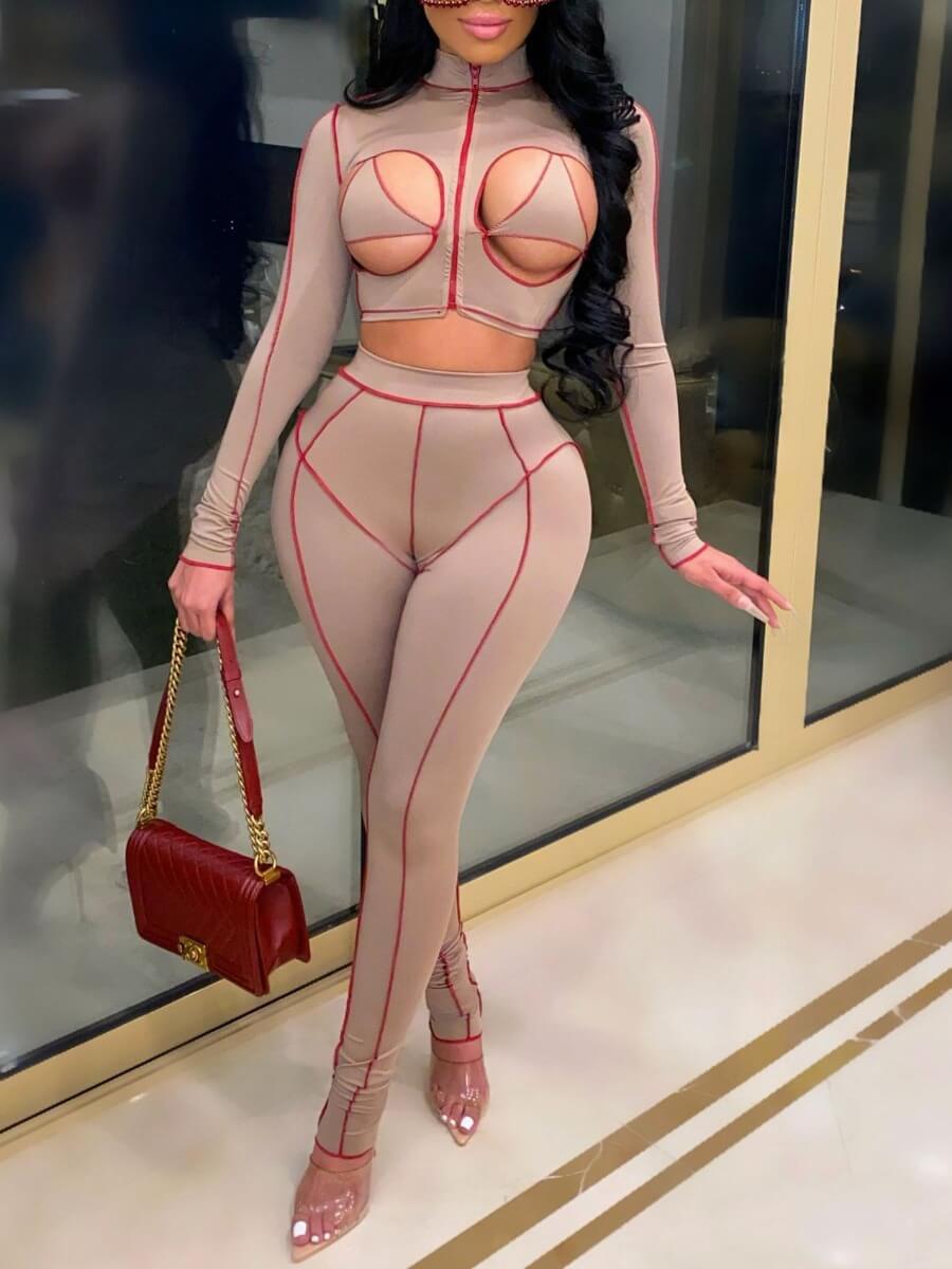 

Lovely Sexy Turtleneck Hollow-out Patchwork Khaki Two Piece Pants Set