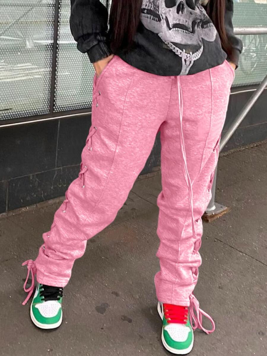

Lovely Casual Bandage Design Drawstring Pink Pants