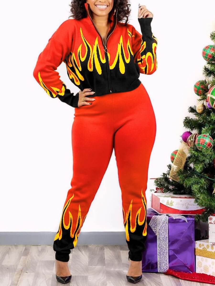 

Lovely Street Blaze Print Red Two Piece Pants Set